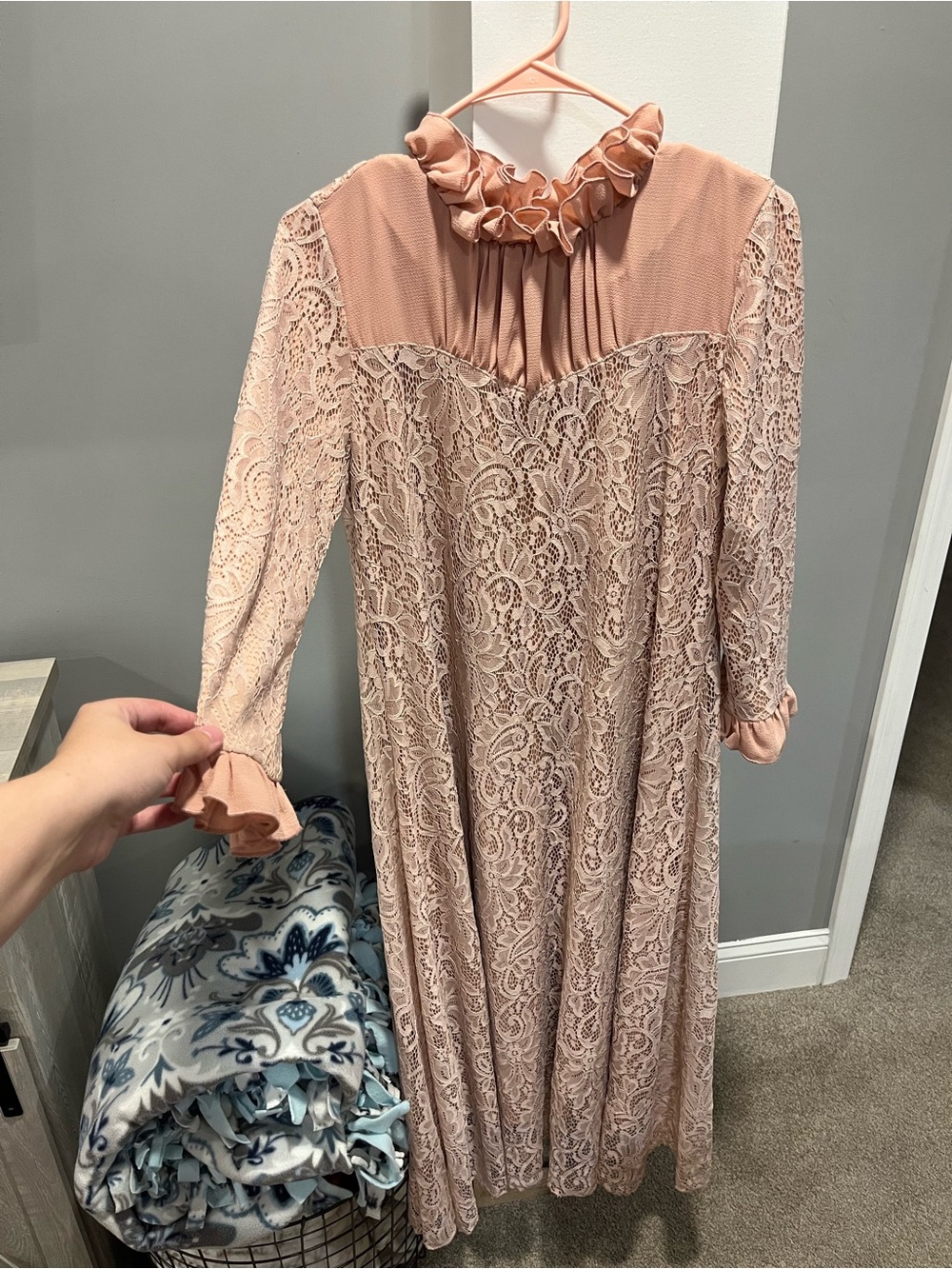 Blush Lace Long Sleeve Ruffle-Neck Dress